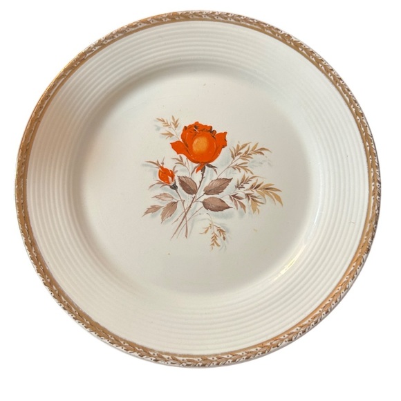 American-Limoges Vintage Vermilion Rose Luncheon Plate 22K Gold Rim - Picture 1 of 2